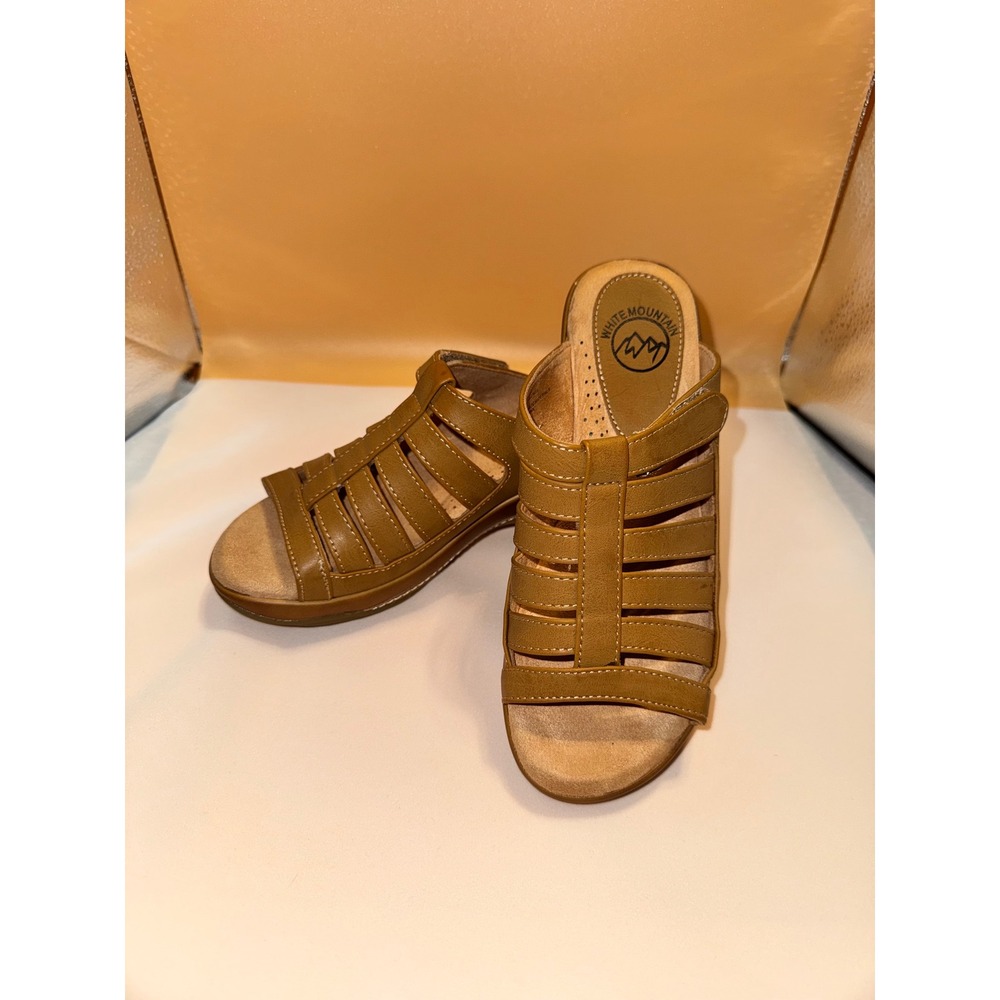 White Mountain Tan Brown Multi Strap Gladiator Sandal Low Wedge NWOT